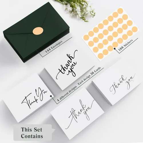 Miniatura 2 de Goefun 144 tarjetas de agradecimiento con sobres, paquete a granel de 4x6, notas en blanco verdes con diseños elegantes, perfectas para bodas, baby