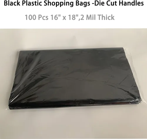 Miniatura 5 de Krodtige Paquete de 100 bolsas de compras negras de 16 x 18 x 2 mil de grosor con asas troqueladas, bolsa de plástico brillante, perfectas