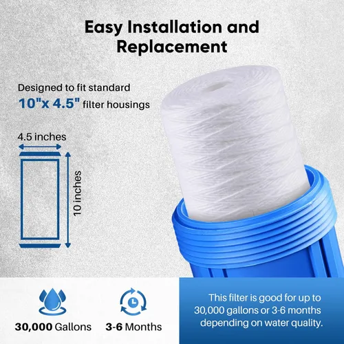 Miniatura 6 de PUREPLUS 1 Micron 10 x 4.5 Whole House String Wound Sediment Filter for Well Water, Replacement Cartridge for 84637, WPX5BB97P, PC10, CW5-BBS