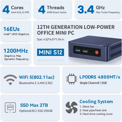 Miniatura 2 de Beelink Mini PC Mini S12 Intel 12th Lake N95 (3.4 GHz 4C/4T), 8 GB DDR4 256 GB SSD, pantallas HDMI 4K duales, mini computadoras compatibles