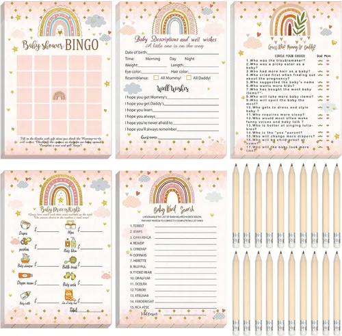 Miniatura 15 de Yinder 145 tarjetas de actividades para juegos de baby shower con 20 lápices, incluye descripción de bingo para bebés y deseos, adivina quién es