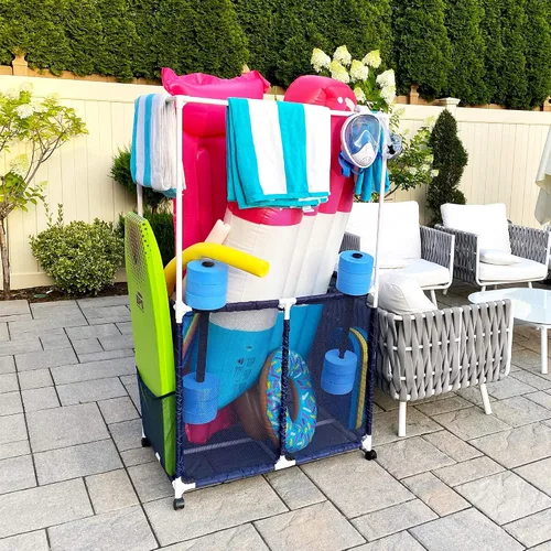 Miniatura 6 de Soporte para equipo de piscina con barras de secado de toallas, organizador de almacenamiento multiusos con ruedas de malla, colgador de toallas