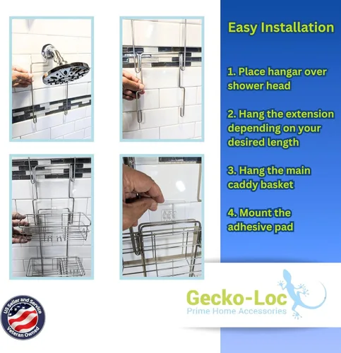 Miniatura 7 de Gecko-Loc Organizador de ducha extra largo ajustable sobre el cabezal de ducha - Organizador de acero inoxidable con estabilizador de succión, cesta