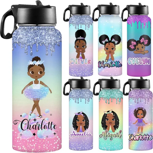 Miniatura 16 de Botellas de agua personalizadas para niñas, de acero inoxidable con aislamiento de doble pared con pajita, botella de agua de color degradado