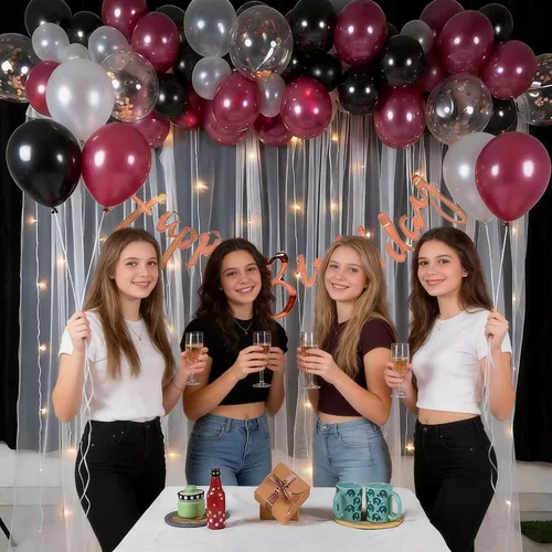 Miniatura 7 de Kit de arco de globos color borgoña, guirnalda de globos color granate negro y dorado con globos de papel de aluminio de estrella para graduación