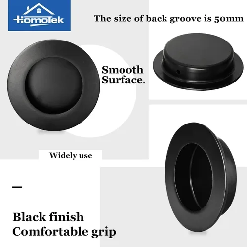 Miniatura 5 de HOMOTEK Paquete de 2 Manijas Redondas Deslizantes para Puerta de Armario Diámetro 2-1/2 pulgadas (65mm) Tiradores Empotrados Negros de Bolsillo
