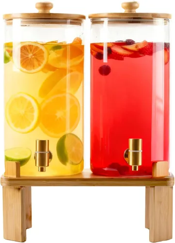 Paquete de 2 dispensadores de bebidas de vidrio de 1.5 galones para fiestas, dispensador de bebidas con soporte de madera, dispensadores de agua con