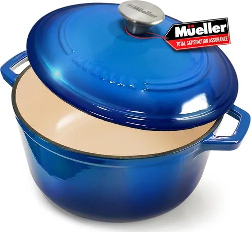 Miniatura 35 de MÜELLERHOME Horno holandés de hierro fundido esmaltado, 6 cuartos de galón, resistente, cazuela con tapa y perilla de acero inoxidable, para todas