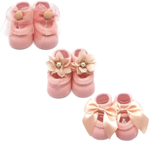 Elesa Miracle Mary Jane Calcetines antiderrapantes para bebé niña Paquete de calcetines adorables antiderrapantes con flores perlas y moños para