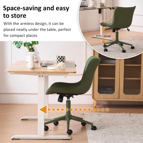 Miniatura 6 de YOUNIKE Silla de Escritorio Verde para Oficina en Casa con Ruedas Sin Brazos Compacta Cómoda Silla de Tocador con Respaldo Ajustable Moderna Pequeña