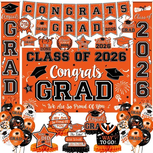 Miniatura 8 de Decoraciones de graduación 2026, juego de decoraciones de graduación rojo y negro con pancarta y telón de fondo de felicitaciones, letrero