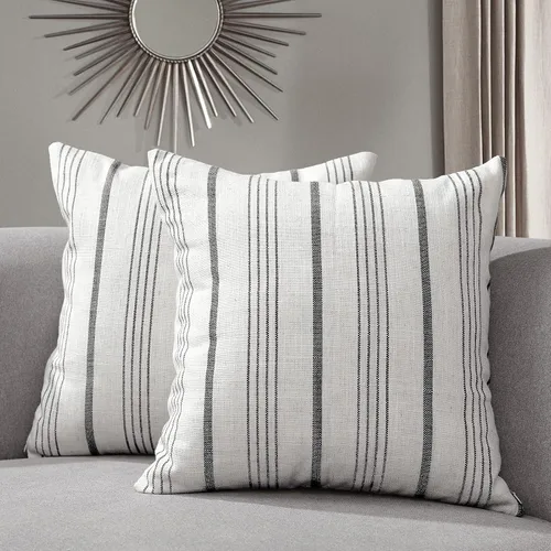 Miniatura 8 de Sunlit Juego de 2 fundas de almohada decorativas de granja, color crema/blanco roto con rayas marrones claras, fundas de almohada cuadradas