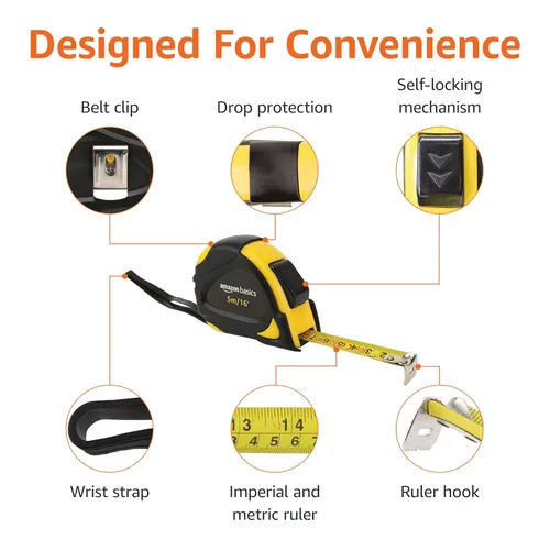 Miniatura 4 de Amazon Basics - Cinta métrica autobloqueante, precisión MID, 16 pies (5 m), Negro, Amarillo