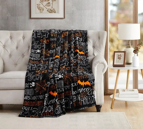 Miniatura 12 de Manta de Halloween: Jack O Lantern, calabazas, fantasmas blancos y telarañas en suave forro polar de terciopelo negro para sofá, sillas y cama Ghost