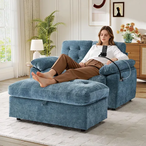Miniatura 29 de Chaise Lounge Chair para interiores con puerto USB y soporte para teléfono, sillón reclinable pequeño de felpilla con otomana de almacenamiento