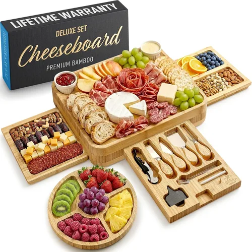 Miniatura 13 de Zulay Kitchen Juego de tablas de queso de bambú de alta calidad, juego de tablas de embutidos de bambú extra gruesas con juego de 4 cuchillos, tabla