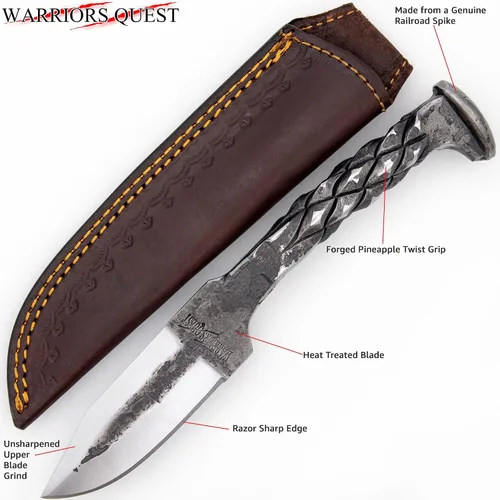 Miniatura 2 de WARRIORS QUEST™ - SideWinder Railroad Spike Knife - Cuchillo de acero al carbono forjado a mano y tratado térmicamente con funda de cuero de primera
