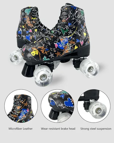 Miniatura 2 de Patines de ruedas para hombres y mujeres, patines Derby negros con 4 ruedas brillantes, patines clásicos de doble fila para interiores y exteriores