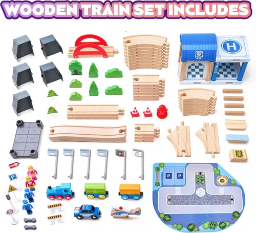 Miniatura 2 de Set de 102 piezas de tren de madera para niños pequeños, pista de tren de madera: ampliable y intercambiable, juguetes de tren educativos seguros