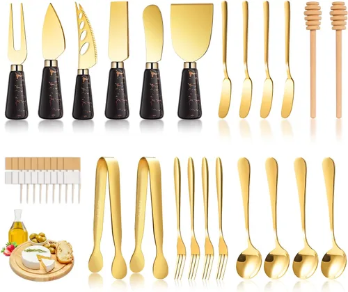 Juego de cuchillos de queso de mármol dorado y negro, accesorios de tablero de charcutería con mango de cerámica, esparcidor de mantequilla, Negro