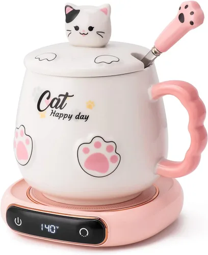 Bgbg - Juego de calentador de taza de café y linda taza de gato, calentador de tazas de bebidas para escritorio, oficina en casa con tres