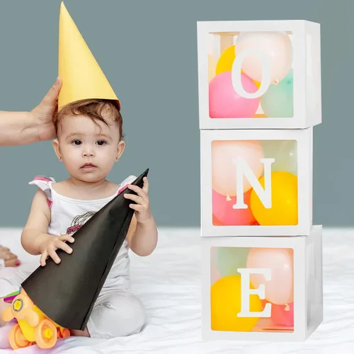 Miniatura 4 de Cajas de globos de primer cumpleaños para niño o niña con letras "ONE" individuales, tres cajas cuadradas blancas transparentes para decoración