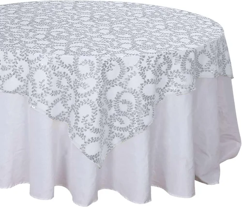 Miniatura 9 de Efavormart - Superposición de mesa de tul bordado de hojas de lentejuelas plateadas de 72 x 72 pulgadas, mantel cuadrado transparente Plateado