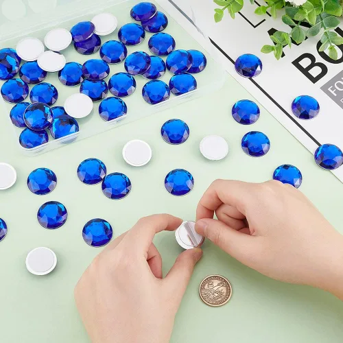 Miniatura 3 de FINGERINSPIRE 50 piezas de diamantes de imitación acrílicos redondos de 0.984 in con parte trasera plana de color azul, autoadhesivas, gemas