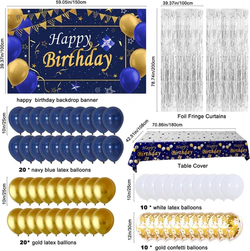Miniatura 2 de Decoraciones de cumpleaños azules y doradas para hombres y mujeres, decoraciones de feliz cumpleaños para niños y niñas, decoración de fiesta, telón