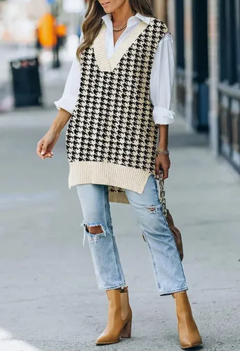 Miniatura 6 de Kisscynest Suéter de punto de gran tamaño con cuello en V para mujer, casual, holgado, sin mangas, suéter