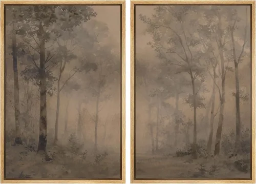 Miniatura 26 de SIGNWIN Lienzo enmarcado para pared, juego de arte con anillos de árbol de bosque grunge en blanco y negro, ilustraciones de naturaleza silvestre