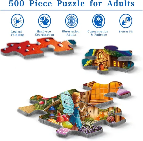 Miniatura 4 de Rocorose Rompecabezas de 500 Piezas para Adultos, Rompecabezas de Casa de Hongos Desafiante del Pueblo de Hadas con Hongos, Juego Educativo