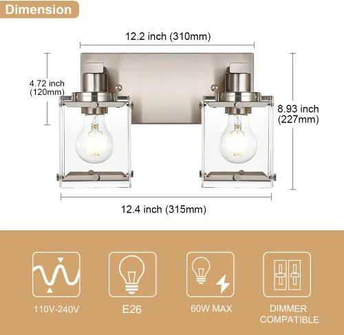 Miniatura 4 de Iluminación de aplique de pared de 2 luces con base de bombilla E26, lámpara de tocador de baño moderna de níquel cepillado para sobre espejo