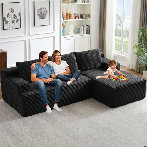 Miniatura 33 de Sofá seccional Cloud de 96 pulgadas, sofá deshuesado para sala de estar, sofá modular con asiento profundo, sofá de pana cómodo y esponjoso con Negro