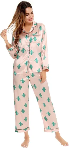 Miniatura 2 de SWOMOG - Conjunto de pijama de dos piezas, de satén de seda con botones, para mujer