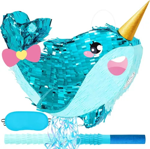 Miniatura 50 de WERNNSAI - Piñata de sirena plegable, piñata de cumpleaños con flecos que incluye cuerda para jalar, venda y bate. Decoraciones