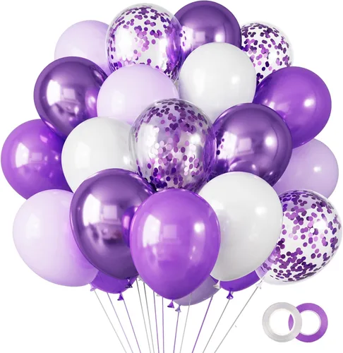 RUBFAC 65 Piezas Globos Morados Lavanda de 12 Pulgadas, Globos Metálicos Morados y de Confeti para el Día de San Valentín, Baby Shower, Cumpleaños