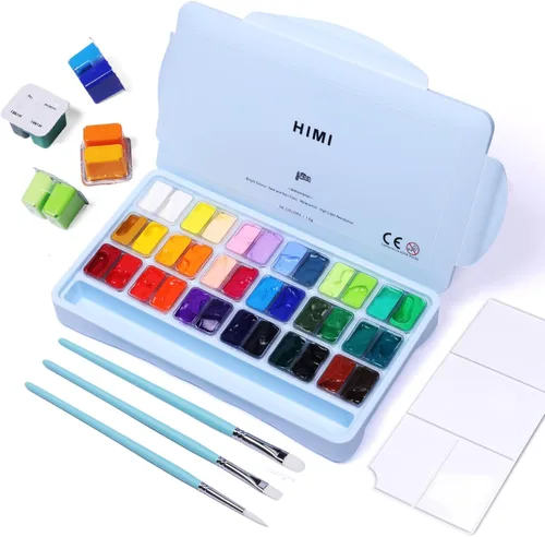 HIMI - Juego de pintura gouache, 36 colores x 0.4 fl oz, diseño de taza de gelatina doble con 3 pinceles de pintura y una paleta en un estuche de