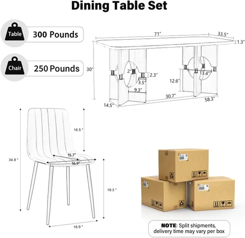 Miniatura 2 de Moderno juego de mesa rectangular para 4, mesa grande de mármol sintético gris de 71 pulgadas con base de metal con marco hueco, y 4 sillas