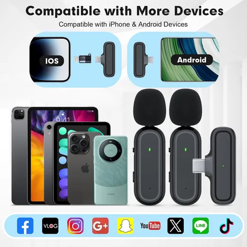 Miniatura 7 de Paquete de 2 micrófonos inalámbricos Lavalier para iPhone y Android, micrófono con clip de reducción de ruido Plug and Play con funda de carga