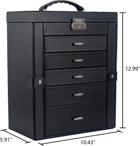 Miniatura 2 de Kendal Cajas de joyería grandes para mujer 6 capas de cuero negro elegante para joyas caja organizadora de almacenamiento con cerradura para collar