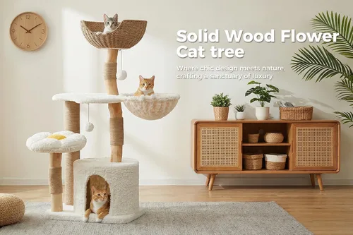 Miniatura 2 de PETEPELA Árbol Rascador Torre Moderno para Gatos Grandes con Percha de Flores, Postes Rascadores de Madera Maciza Natural, Árbol para Gatos Bohemio