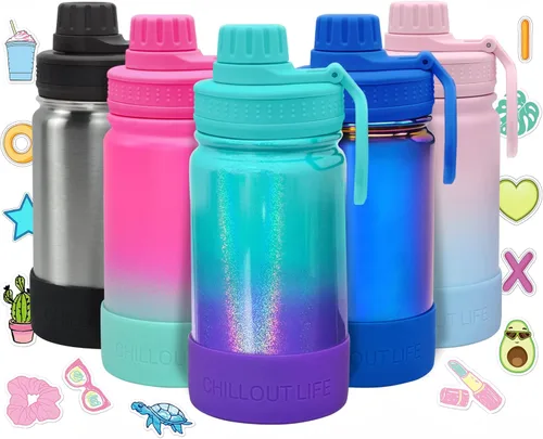 Miniatura 13 de CHILLOUT LIFE Botella de agua aislada para niños de 12 onzas para la escuela con tapa de boquilla a prueba de fugas y bonitas calcomanías Azul