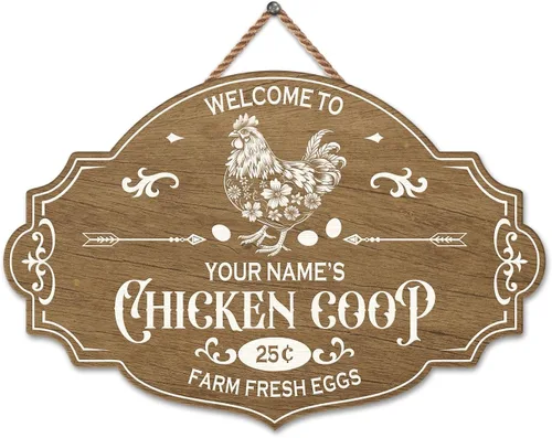 Miniatura 50 de Letrero de madera de gallinero personalizado para gallinero, diseño de granja esponjosa, varios tamaños, nombre personalizado, título y cita