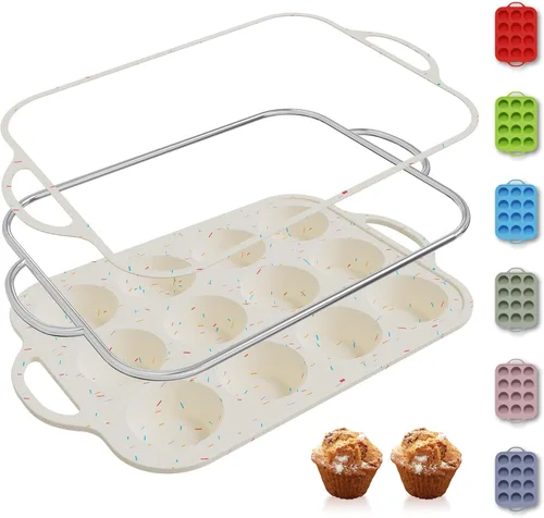 Miniatura 41 de 2 paquetes de 12 tazas de molde para magdalenas de silicona para hornear con marco reforzado de metal, molde para cupcakes de tamaño regular, Crema
