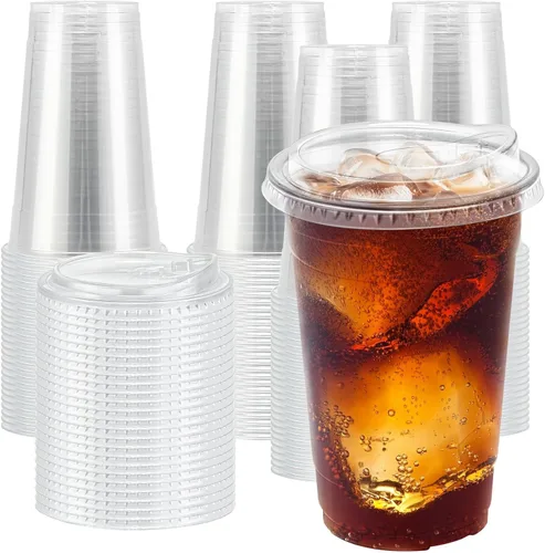 Clawsoff 20 oz 100 Pack Clear Plastic Cups with Lids, Sturdy Iced Coffee Cups with Sip Lids, Disposable Food Safe Smoothie Cup for Cold Drinks,