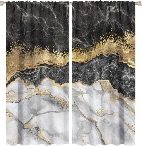 Miniatura 26 de Cortinas abstractas de mármol de lujo de lujo azul marino dorado a rayas con patrón de mármol estampado para dormitorio, sala de estar, cortinas