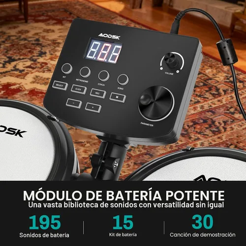 Miniatura 2 de AODSK Batería eléctrica con almohadillas de malla silenciosas, batería electrónica para principiantes, USB MIDI, banqueta, auriculares, baquetas