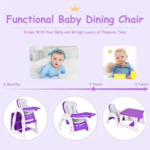 Miniatura 2 de Costzon Silla alta para bebé, juego de mesa y silla infantil 3 en 1, asiento elevador convertible con bandeja de alimentación ajustable de 3 Púrpura