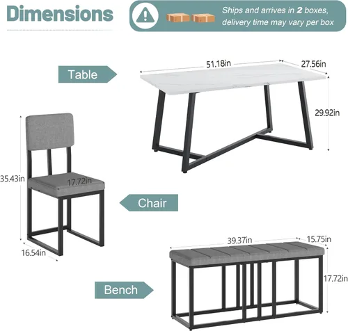 Miniatura 2 de HUGROVE Juego de mesa de comedor de 6 piezas, mesa rectangular de mármol sintético de 51.18 pulgadas con 4 sillas de comedor tapizadas de lino
